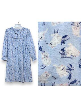 Lanz of Salzburg Flannel Cat Nightgown S Ruffle Kitties Kittens Powder Blue